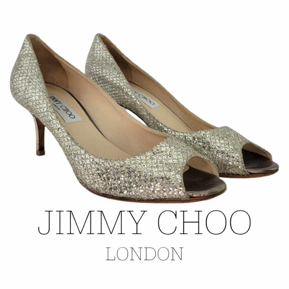 Jimmy Choo Gold Glitter Peep-Toe Kitten Heels